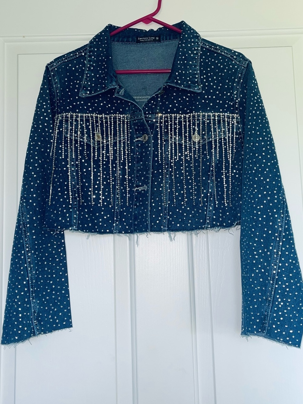 Emerson Lang Embellished Dark Blue Cropped Denim Jacket with Rhinestone Fringe